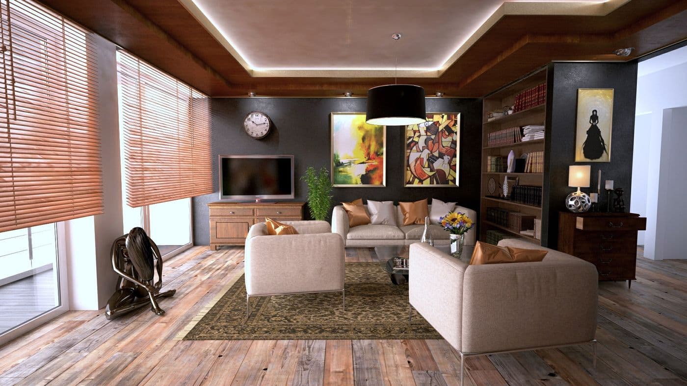 Older living room with a wood ceiling, sold as-is